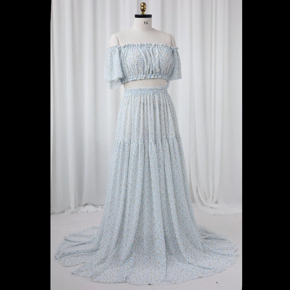 Maternity Dress Floral Chiffon Two-piece Long Sleeved Short Top Baby Showers