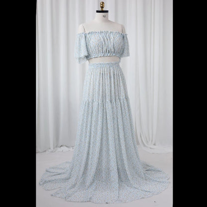 Maternity Dress Floral Chiffon Two-piece Long Sleeved Short Top Baby Showers