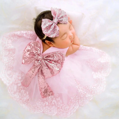 2pcs Pink Baby Girl Princess Lace Mesh Dress Bowknot Skirt Shower Newborn Set