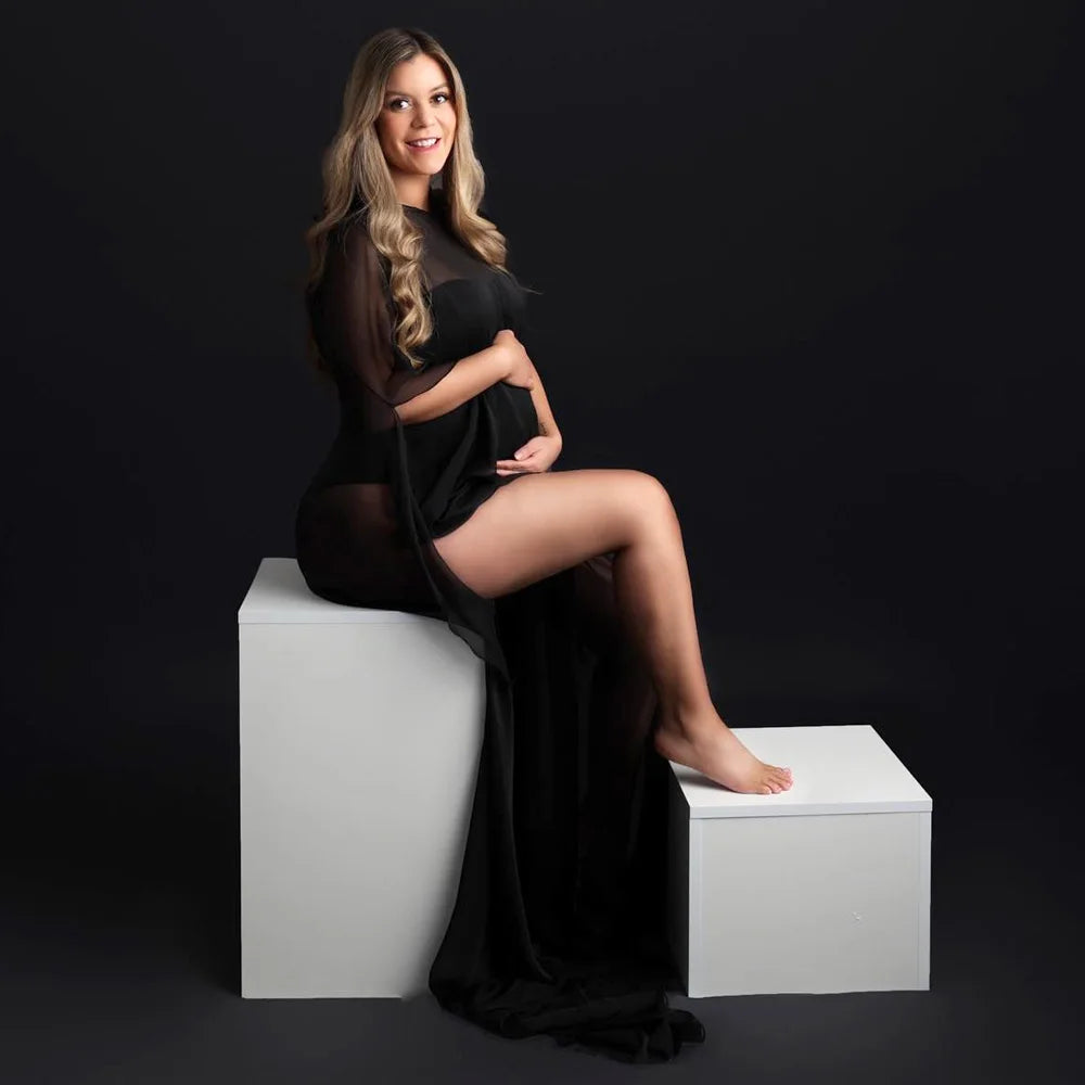 Maternity Translucent Black Chiffon Cloak Cape Dress
