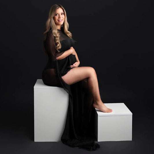 Maternity Translucent Black Chiffon Cloak Cape Dress