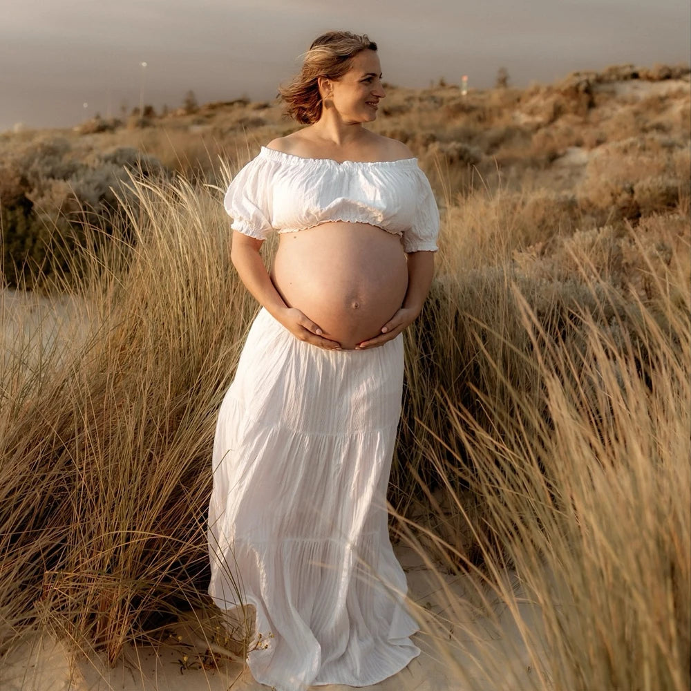 Maternity Comfortable Linen Cotton Dress One Shoulder Short Sleeved Two-piece Set Ankle Length Skirt