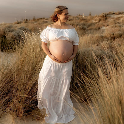 Maternity Comfortable Linen Cotton Dress One Shoulder Short Sleeved Two-piece Set Ankle Length Skirt