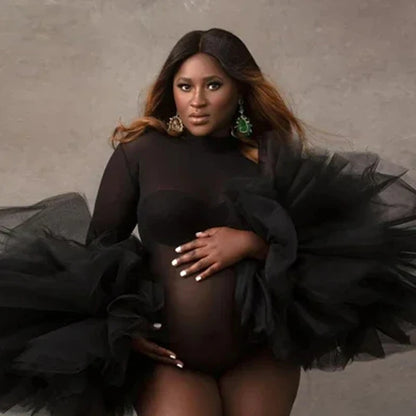 Maternity Bodysuit Puffy Ruffled Sleeve Black See Thru Tulle Dress