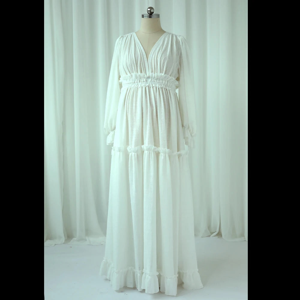 Maternity Linen Cotton Elegant V-neck Baby Showers Dress