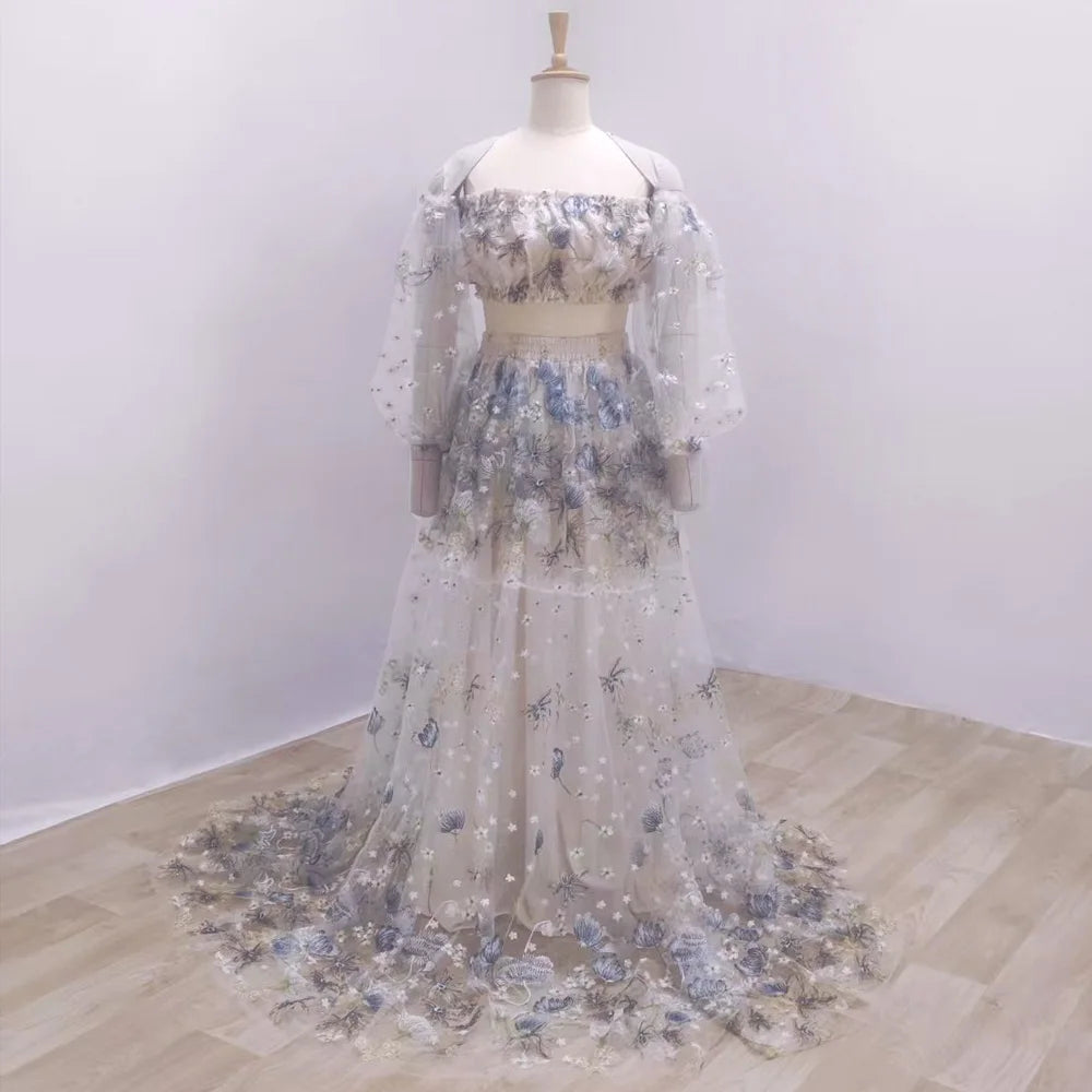 Lace Maternity Dress Off Shoulder Embroidered Yarn Floral Long Sleeves Two-piece Set Dress For Pregnant Women Baby Shower Dresse