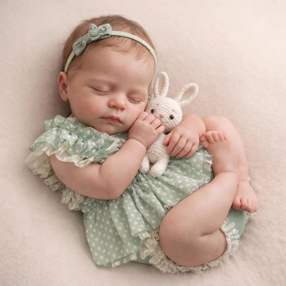 Vintage Newborn Photo Sage Green Polka Dot Ruffle Romper Onesie Dress