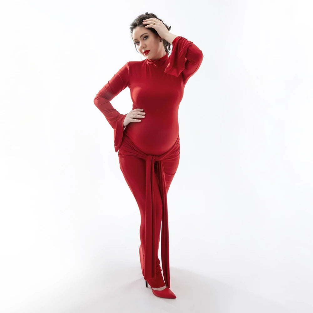 Maternity Elastic Slim Fit High Neck Long Sleeved Maxi Dress Baby Shower Outfit