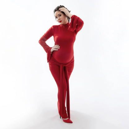 Maternity Elastic Slim Fit High Neck Long Sleeved Maxi Dress Baby Shower Outfit