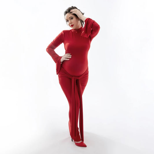 Maternity Elastic Slim Fit High Neck Long Sleeved Maxi Dress Baby Shower Outfit