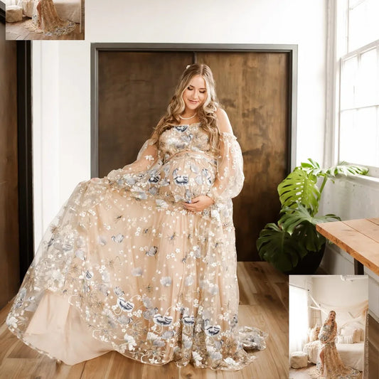 Lace Maternity Dress Off Shoulder Embroidered Yarn Floral Long Sleeves Two-piece Set Dress For Pregnant Women Baby Shower Dresse