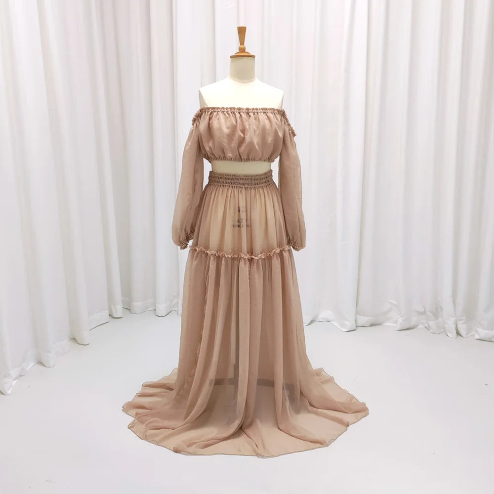 Boho Maternity Dress For Photo Shoot Woman Starlight Dot Chiffon Dress Off Shoulder Long Sleeve Beach Photography Gown