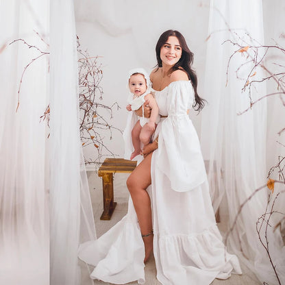 Maternity Linen Cotton Long Sleeved One Shoulder Elegant Two-piece Set Dress