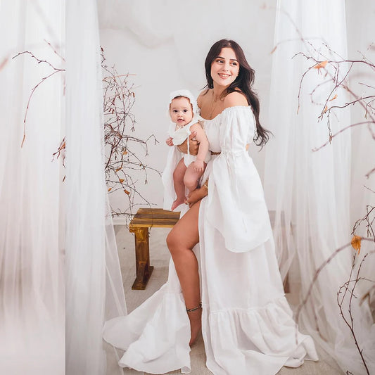 Maternity Linen Cotton Long Sleeved One Shoulder Elegant Two-piece Set Dress