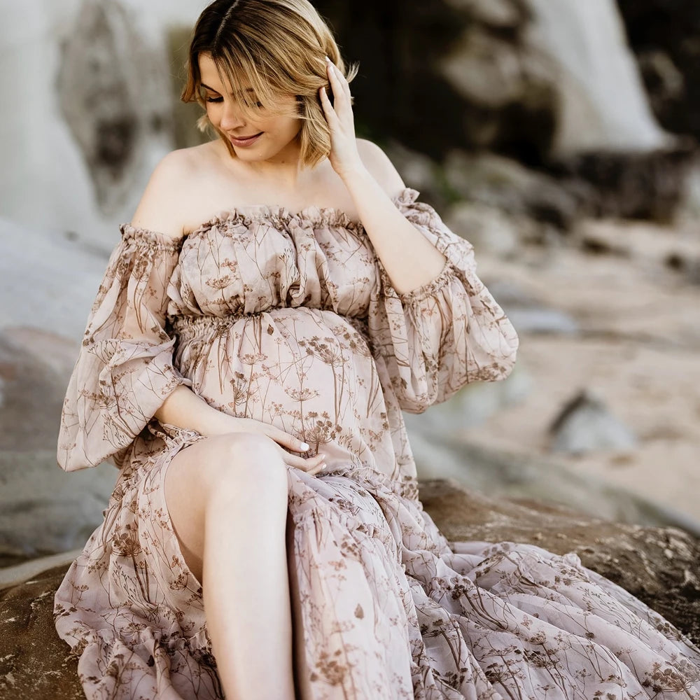 Maternity Printed Chiffon Long Sleeved Shoulder Material Elegant Dress