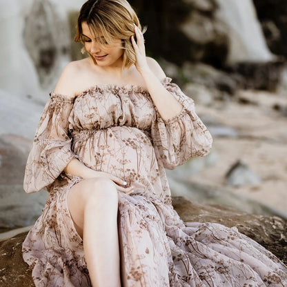 Maternity Printed Chiffon Long Sleeved Shoulder Material Elegant Dress