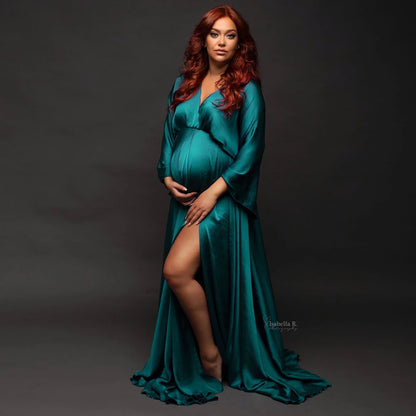 Maternity Elegant Soft Satin Chiffon Long Sleeved Dress Bohemian