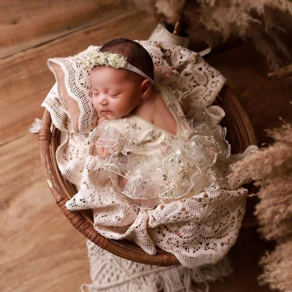 Newborn Baby Girl Floral Embroidered Tulle Tutu Dress Matching Flower Headband Newborn Set