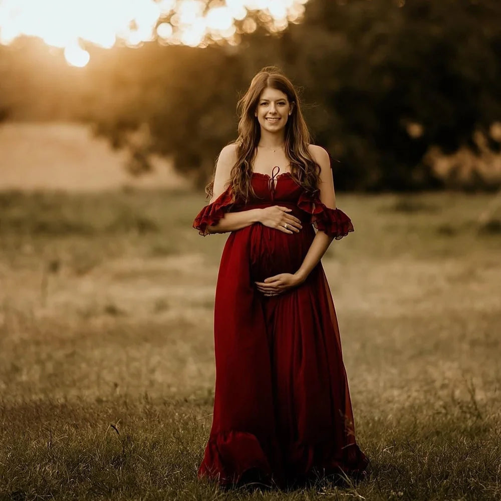 Maternity Photography Photography Studio Costumes Wine Red Elegant Chiffon Dress Photo Shoot Dress For Pregnant Women