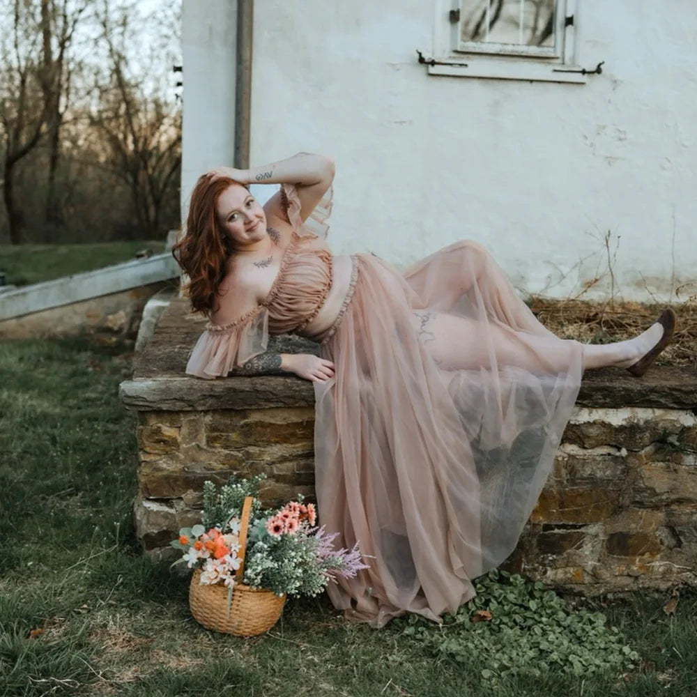 Photography Dress For Women Maternity Gown For Photo Shoot Transparent Chiffon Off Shoulder Ruffle Sleeves Two-piece Dress