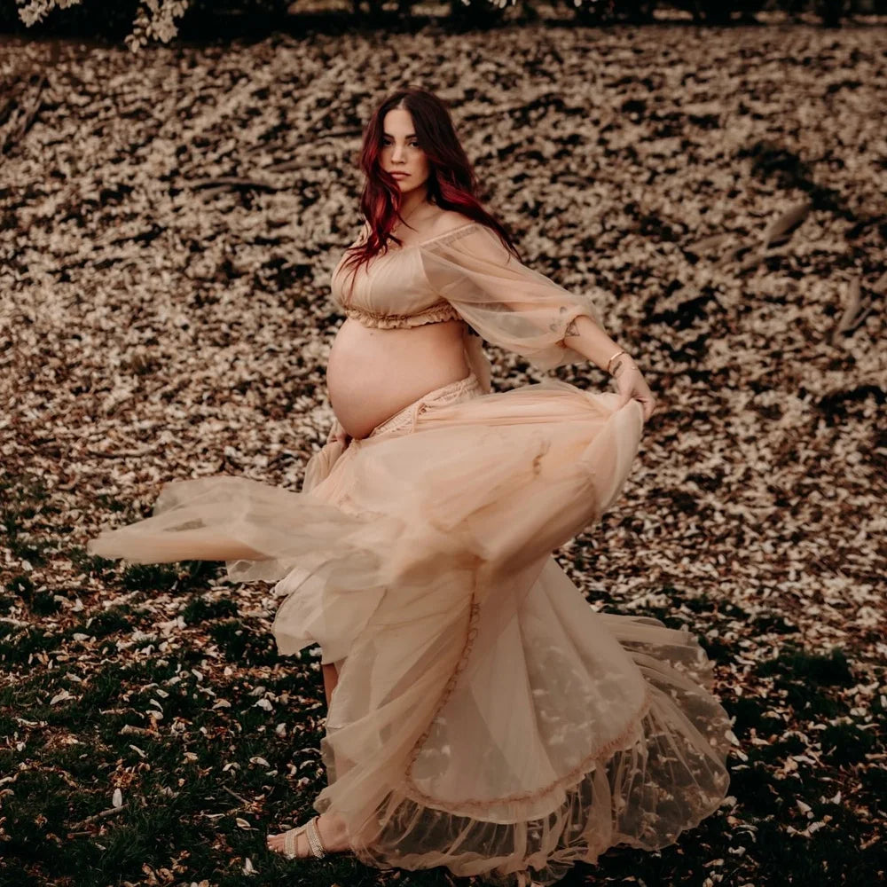 Maternity Dresses For Photo Shoot Sexy Transparent Chiffon Off Shoulder Ruffled Sleeves Two-Piece Dress Baby Showers Dress