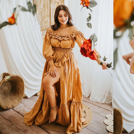 Maternity Baby Showers Cotton One Shoulder Long Sleeved Two-piece Dress