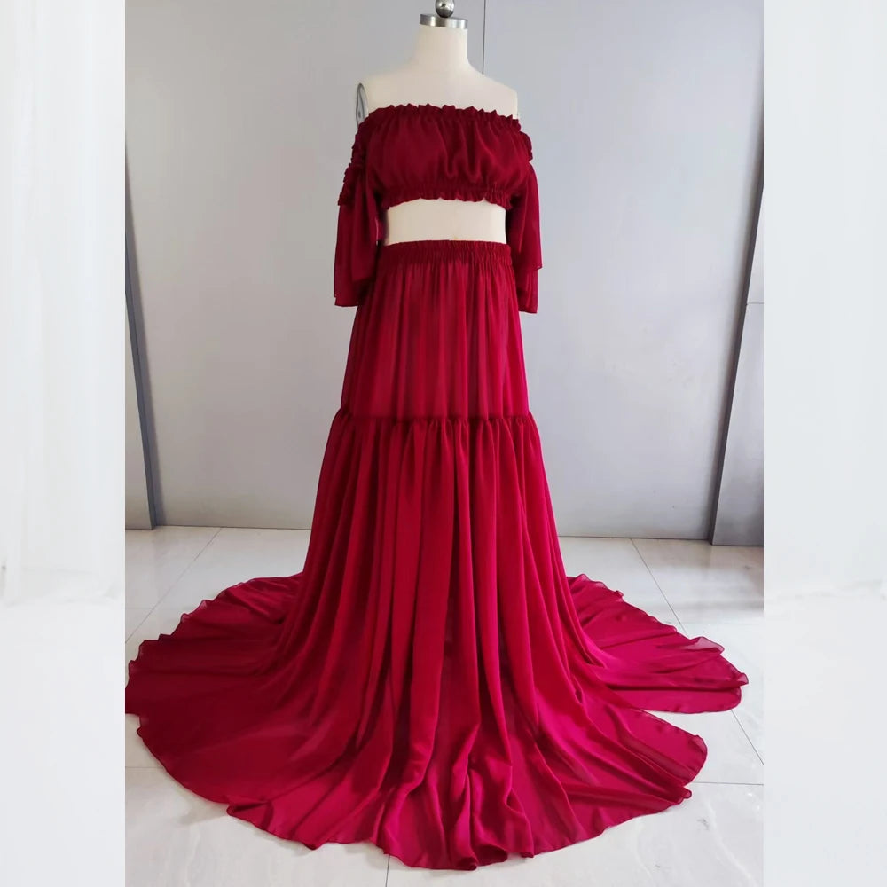 Solid Color ChiffonMaternity Dress Off The Shoulder Elastic Strapless Short Sleeved Dress Suitable For Female Photography