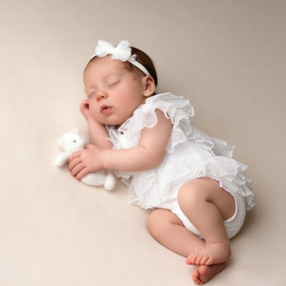 Baby Girl White Ruffle Romper Bow Headband Tulle Layered