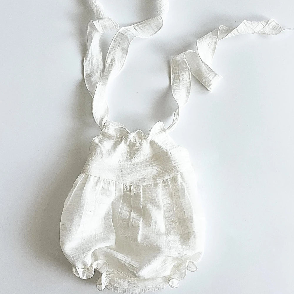 Newborn Romper White Ruffled Tie Strap Baby Photo Soft Studio Shoot