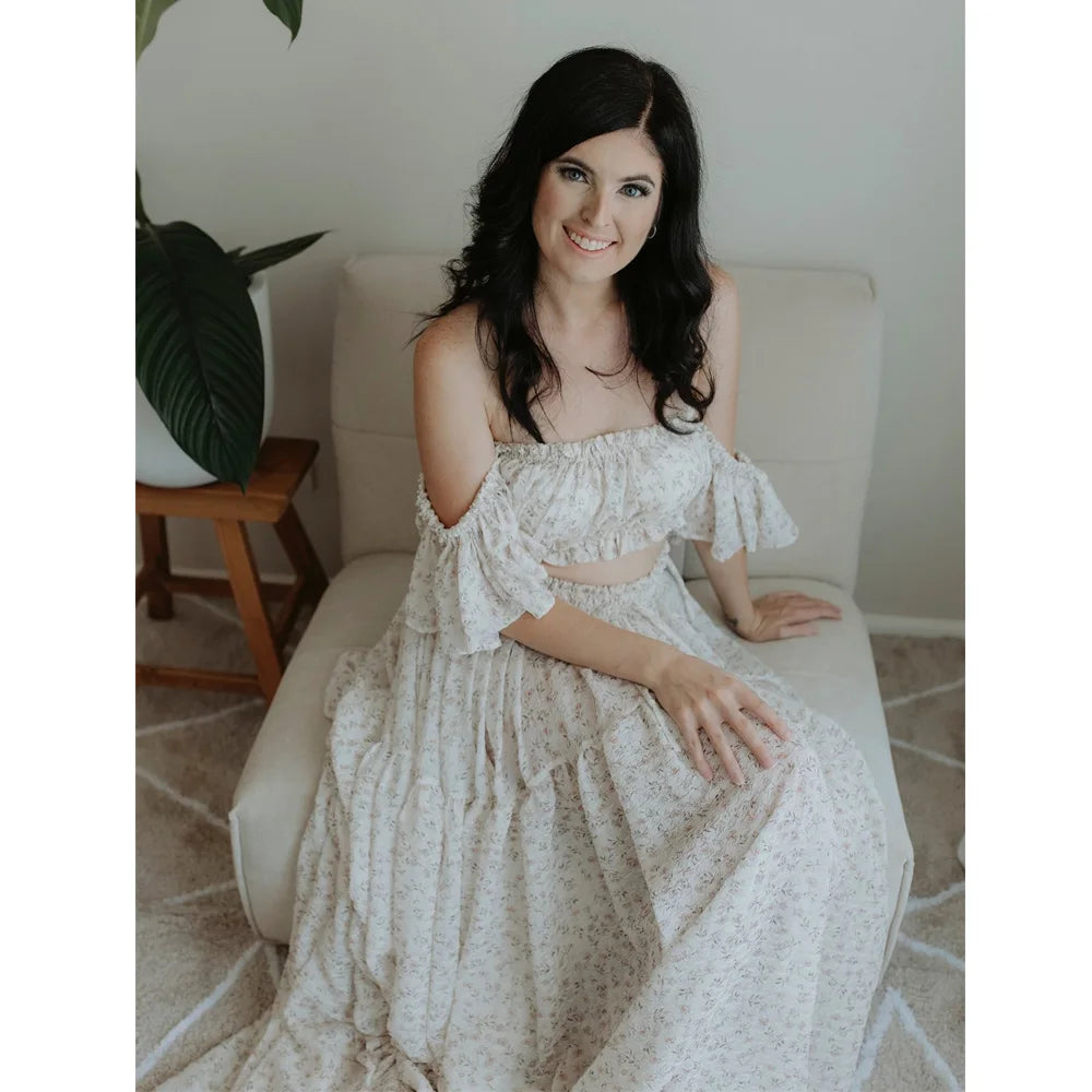 Maternity Dress Off-Shoulder Sweet Print Chiffon Maternity Gown Baby Shower Gender Reveal Dress Pregnancy Photoshoot Dress