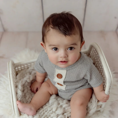 Newborn Baby Boy Waffle Romper Gray Bodysuit Wooden Buttons Costume