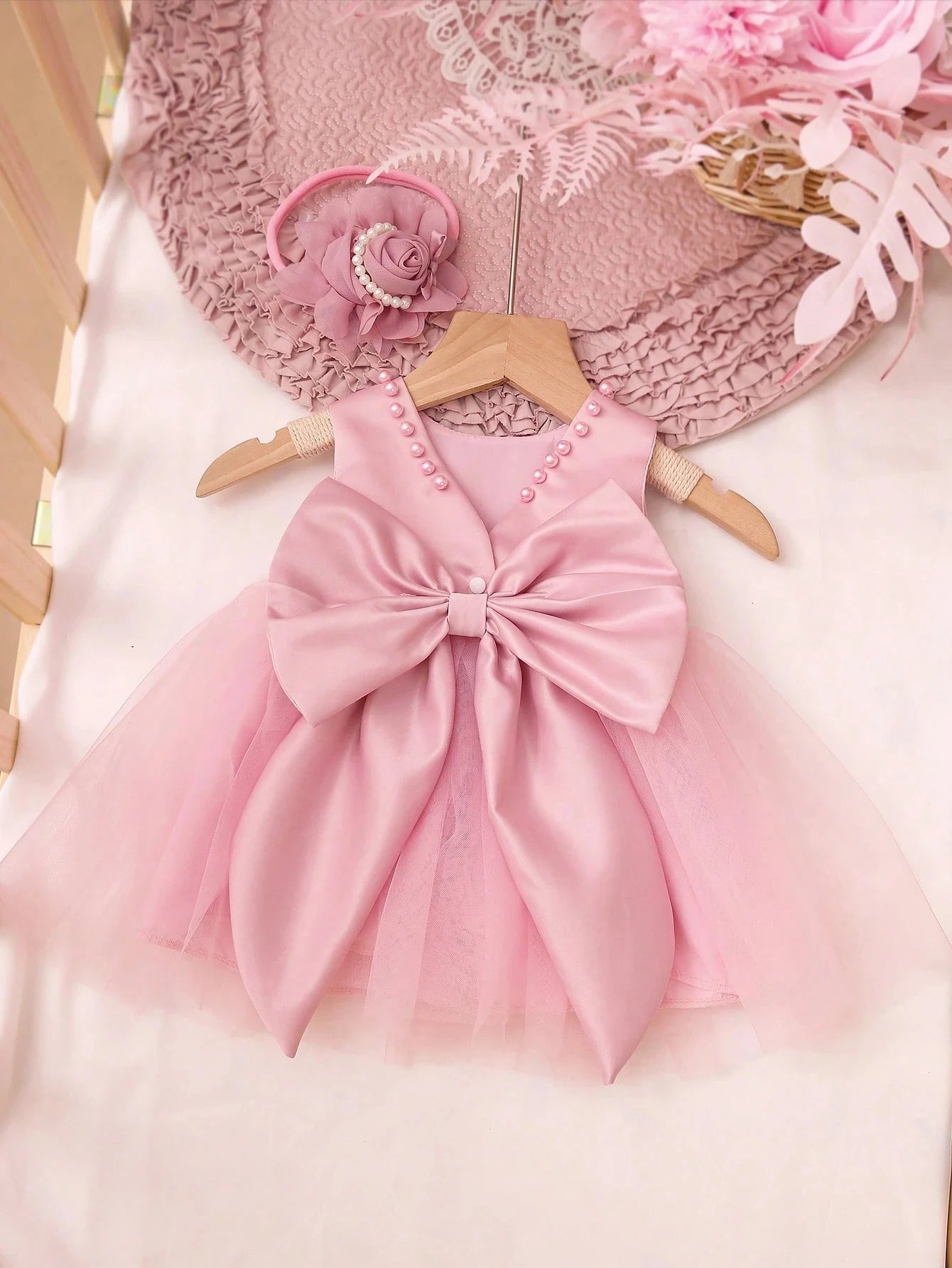 2pcs Baby Girl Pearl Style Dress Rose Flower Headband Newborn Set