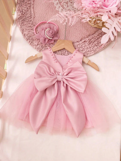 2pcs Baby Girl Pearl Style Dress Rose Flower Headband Newborn Set