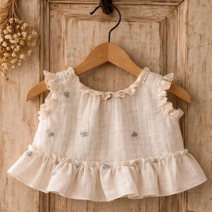 Baby Girl Romper Set Cream White Floral Embroidered Ruffle Shorts Outdoor Field Maternity Sibling