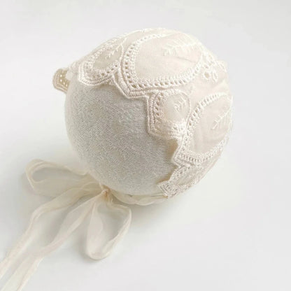 Lace Bonnet Baby Tie Knot Headband Vintage Floral Embroidery Newborn Set