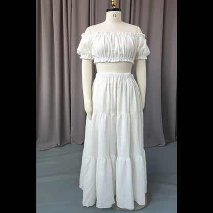Maternity Comfortable Linen Cotton Dress One Shoulder Short Sleeved Two-piece Set Ankle Length Skirt
