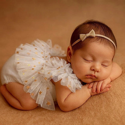 Elegant Baby White Star Tulle Romper Newborn Princess Posing Onesie