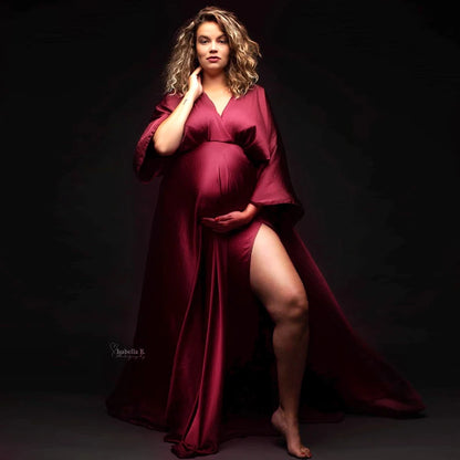 Maternity Elegant Soft Satin Chiffon Long Sleeved Dress Bohemian