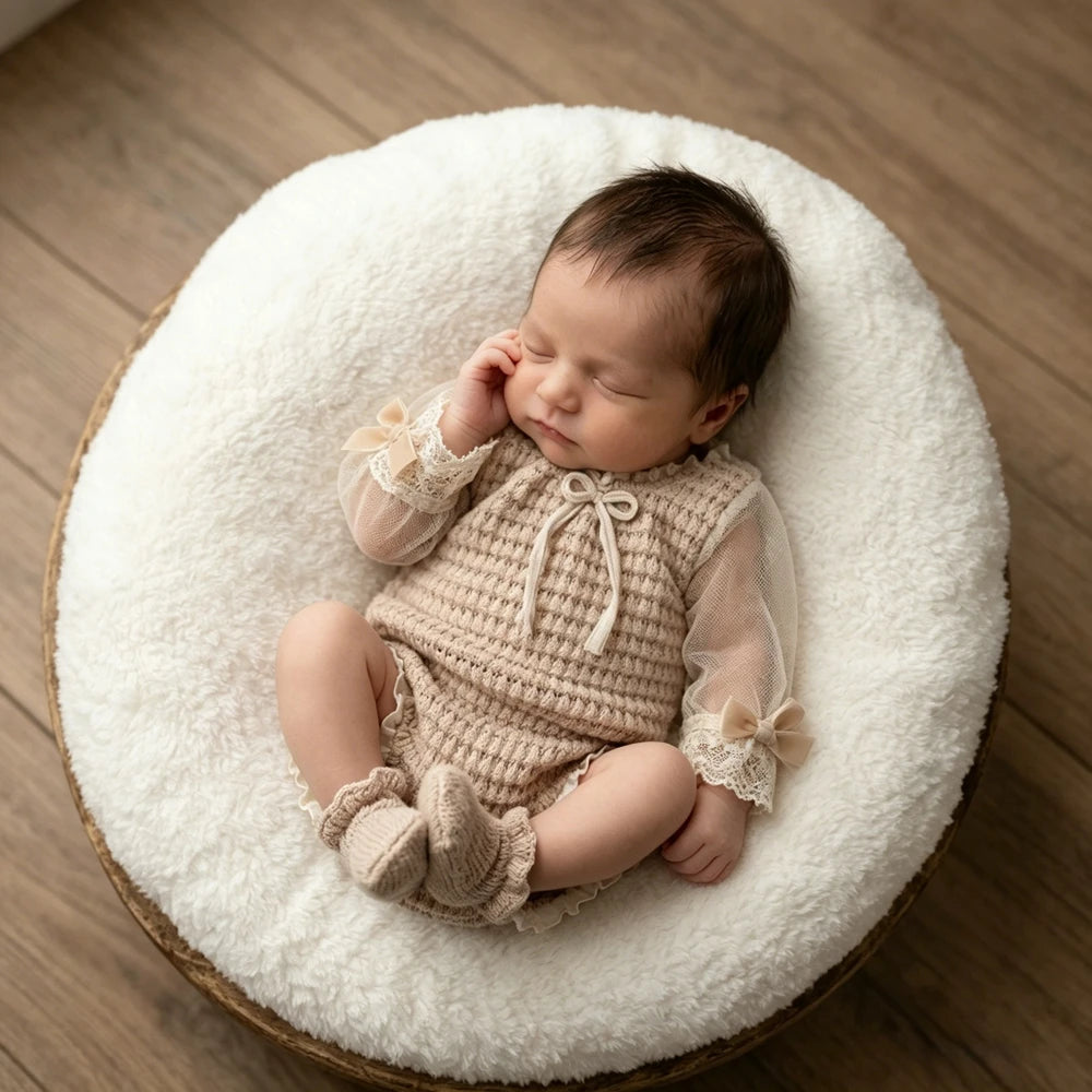 Newborn Photography Props Knit Baby Romper Vintage Lace Long Sleeve Bow Princess Infant Photoshoot Outfit Studio Clothes