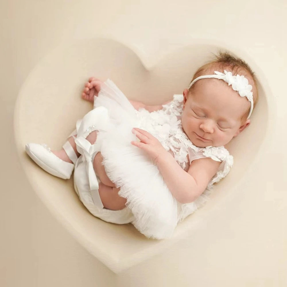 White Lace Tutu Romper Newborn Girl Pearl Ruffle Bodysuit Baby Jumpsuit