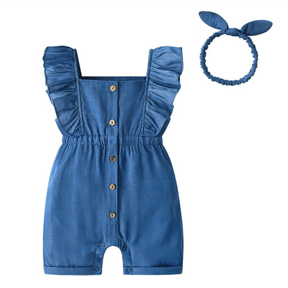 Newborn Photo Baby Girl Blue Ruffle Denim Romper Bunny Headband Set Soft