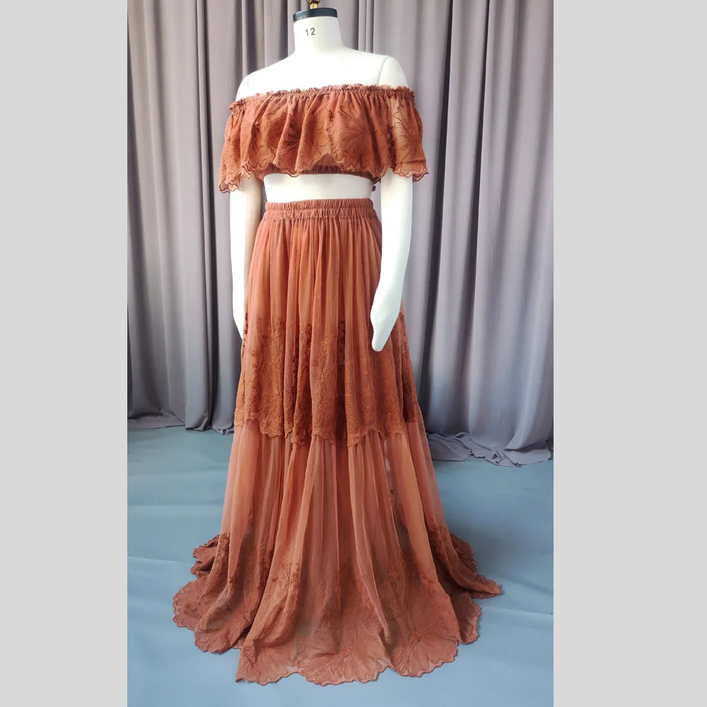 Maternity Elegance Piece Set Embroidered Mesh Lace Dress Baby Shower