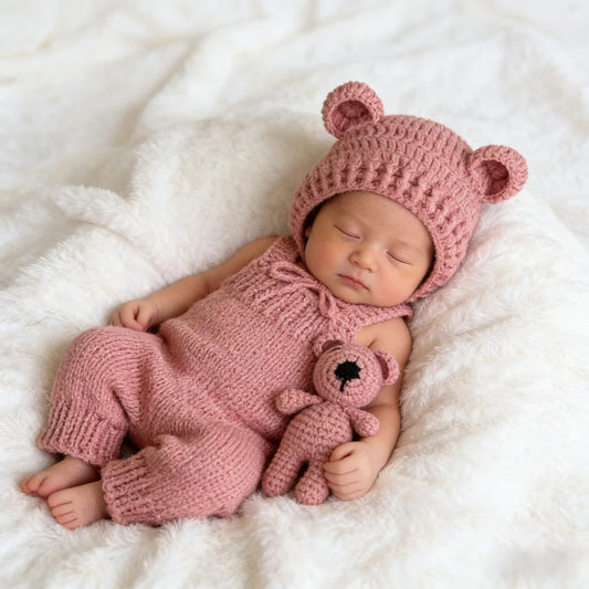 Bear Baby Costume Crochet Hat Romper Newborn Studio Soft Handmade