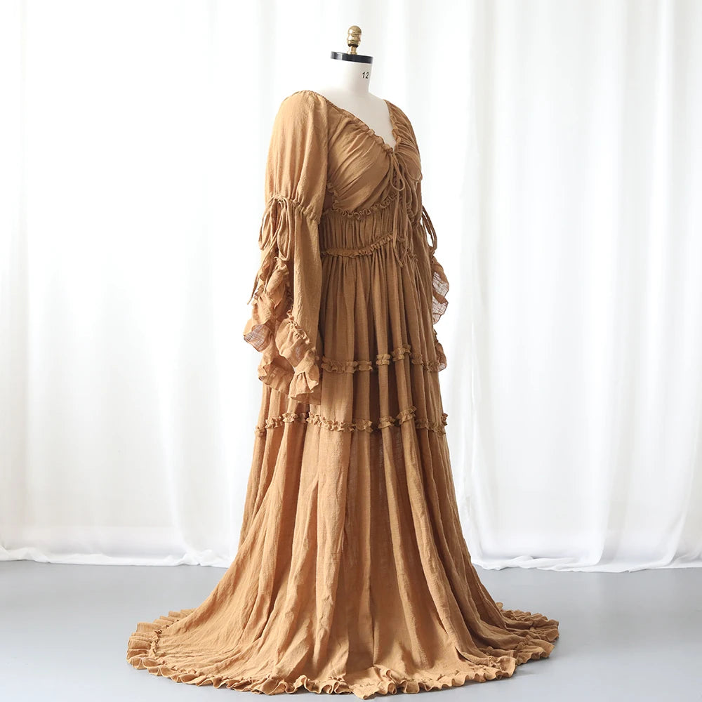 Boho Flowy Maternity Dress Photoshoot Long Sleeve Ruffle Maxi Pregnancy Gown Baby Shower Elegant Photography Outfit