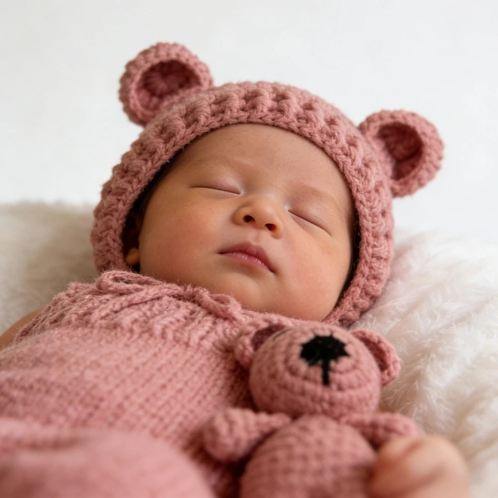 Bear Baby Costume Crochet Hat Romper Newborn Studio Soft Handmade