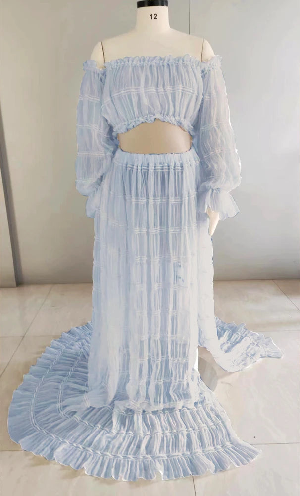 Maternity Pleated Chiffon Long Sleeve Off Shoulder Four Piece Boho Style Dress