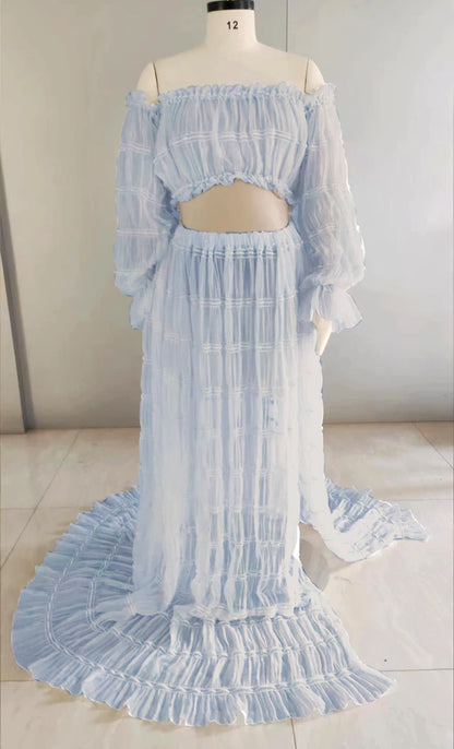Maternity Pleated Chiffon Long Sleeve Off Shoulder Four Piece Boho Style Dress