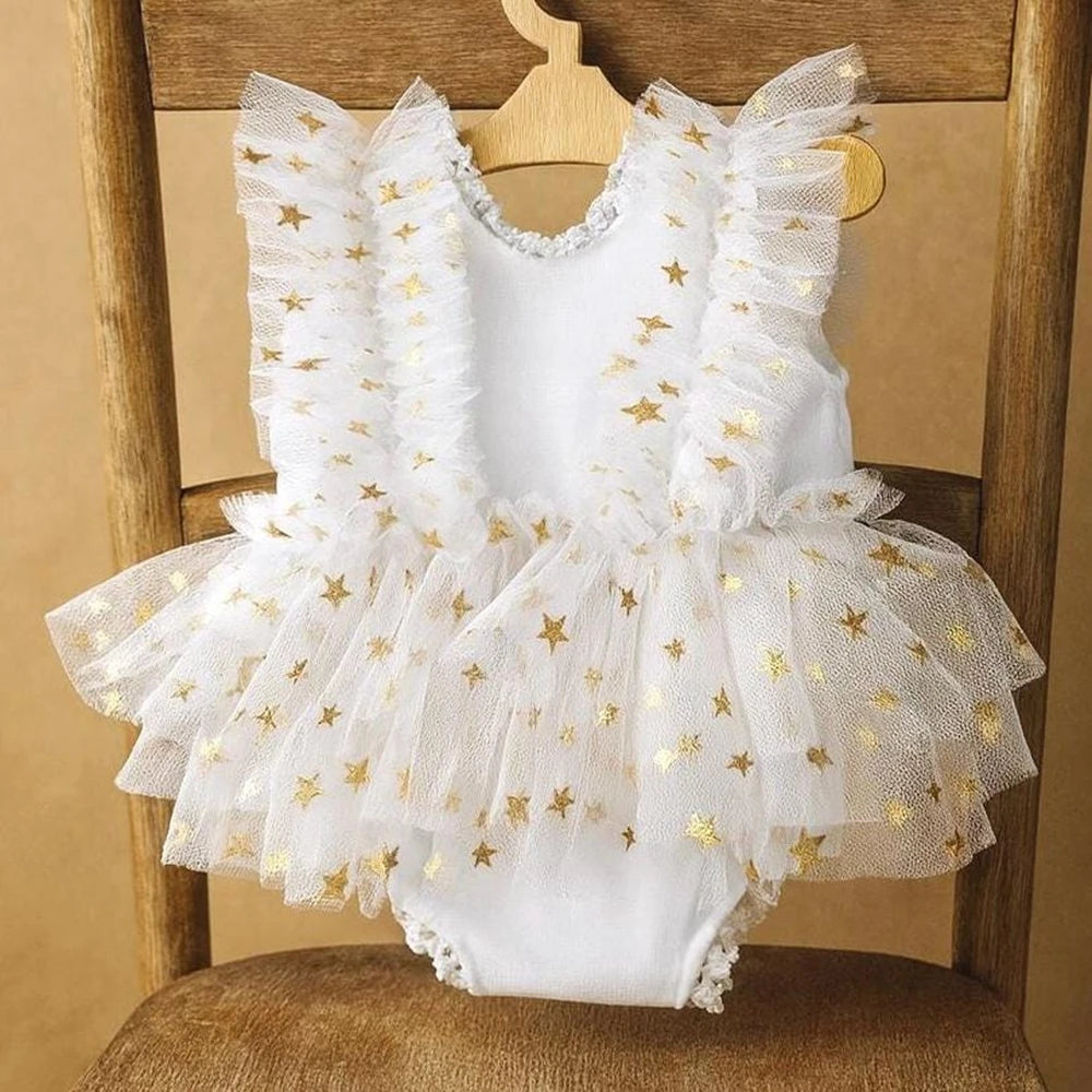 Elegant Baby White Star Tulle Romper Newborn Princess Posing Onesie