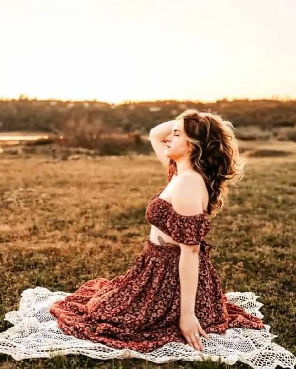 Cotton Maternity Photography Dresses Minimally Printed Cotton Maternity Two-Piece Set Bohemian Photo Shooting Pregnancy Dress