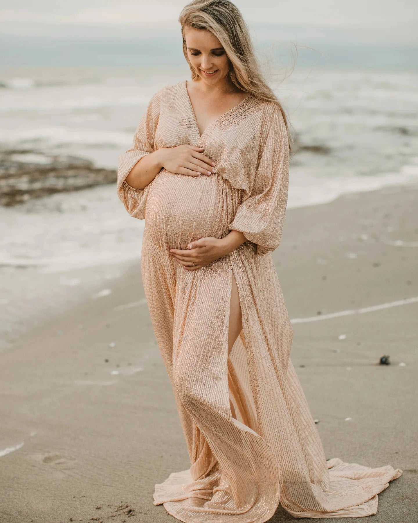  Elegant Vintage Sequin V-neck Backless Dress Maternity Photography Props Dress Bohemian Photo Shooting Pregnancy Dress